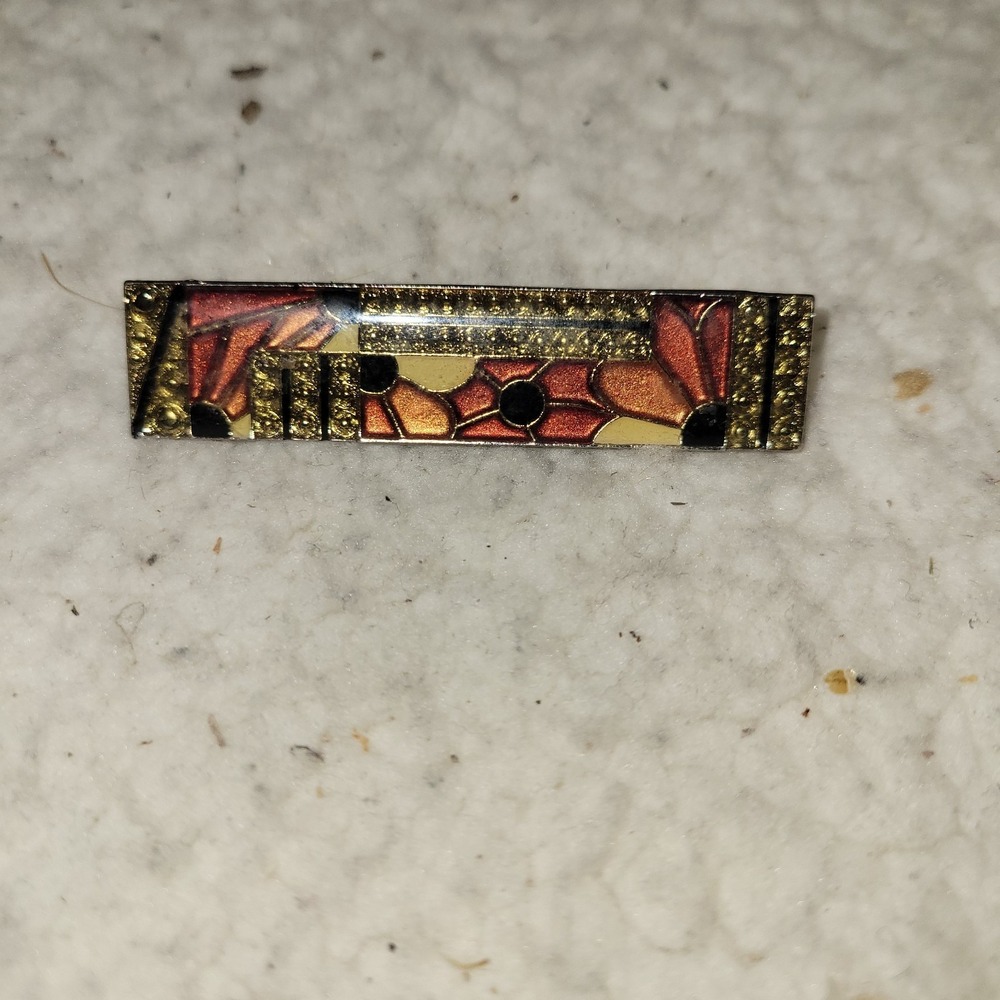 Vintage Art Deco Style Enamel Bar Brooch Gold‎ Tone Black Rust Orange...